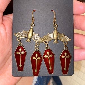 Bat Earrings with Red Coffins and Cross Design